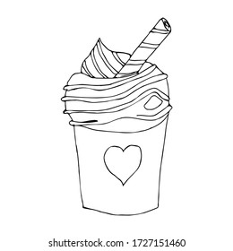 A cup for drinks, hot chocolate or coffee with whipped cream and marshmallows. Christmas card. Drawn by hand. Side view. Vector illustration.