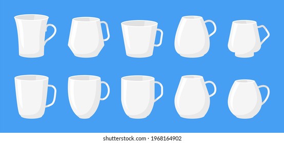 cup for drinks set, different types of coffee containers. Classic tea white mugs mockup, empty icon set. Flat cartoon style with space for labels. Template for design logo shop, menu Vector illustration