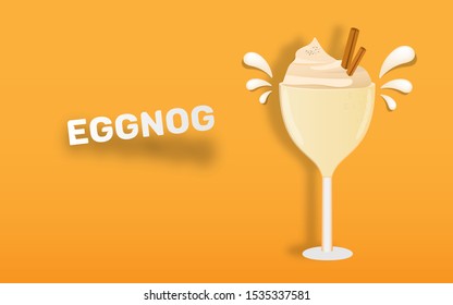 A Cup Of eggnog with cinnamon roll, eggs and pine leaves isolated on gradient color background in paper art style vector illustration