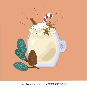  Cup with eggnog drink, cinnamon,milk  and egg. Flat vector design for card or banner.