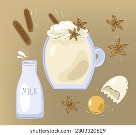  Cup with eggnog drink, cinnamon,milk  and egg. Flat vector design for card or banner.