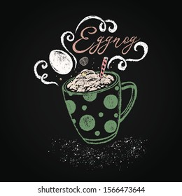  A cup of egnog surrounded by ingredients. Hand-drawn New Year illustration with chalk on a blackboard. Christmas holiday beverage. Seasonal celebration.