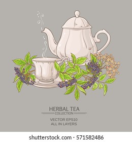cup of elderberry tea and teapot on color background