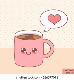 Cup emoji with cheeks and eyes. Colored beautiful doodle cup character in flat designs with cute cartoon face. Hot coffee and tea.