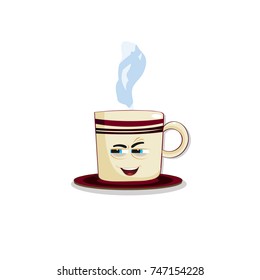 Cup emoji cup with cheeks, eyes and smiling mouth. Colored beautiful doodle steaming cup character with cute cartoon face. Vector illustration, icons, clip art isolated on white background.