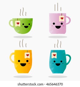 Cup emoji set with cheeks and eyes. Colored beautiful doodle cups character in flat designs with cute cartoon faces. Hot coffee and tea. Vector illustration.