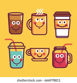 Cup emoji set with cheeks and eyes. Colored beautiful doodle cups character in flat designs with cute cartoon faces. Hot coffee and tea,smoothie, juice. Vector illustration.