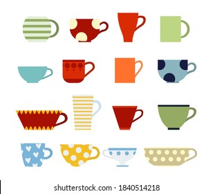Un conjunto de emoticonos de taza de café de diseño plano isométrico. Taza de color. Confort en casa. Café caliente y té. Ilustración vectorial.