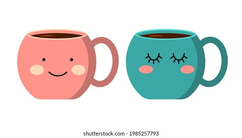 Cup with emotions, smile. Coffee cup with smoke float up. Vector Illustration. Flat Style. Decorative design for cafeteria, posters, banners, cards