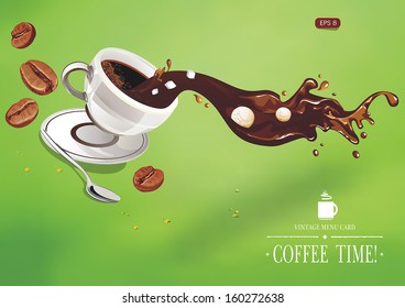 Cup of Espresso coffee on green background. Vector illustration