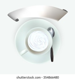 cup of espresso coffee, top view, saucer, spoon, cappuccino under the Vienna, cinnamon nutmeg, cocoa, grated chocolate