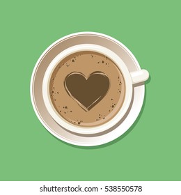 Cup of espresso with latte art heart top view. Cappuccino coffee mug on white saucer. Isolated on green background. Vector eps8 illustration. 