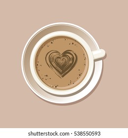 Cup of espresso with latte art heart top view. Cappuccino coffee mug on white saucer. Vector eps8 illustration. 
