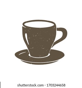 A cup of espresso on a transparent background. Cute brown tea or coffee cup and saucer. Vector shabby hand drawn illustration