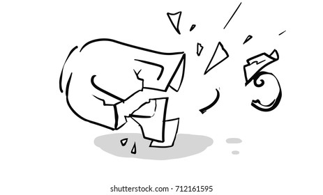 the cup fell and crashed, black and white simple drawing, sketch, vector.