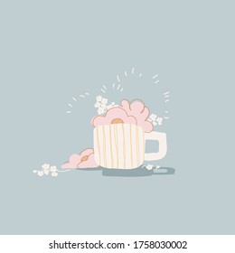 
A cup filled with flowers. Cute illustration with ceramics. Wildflowers and herbs. Modern tea ware. Still life with flora.