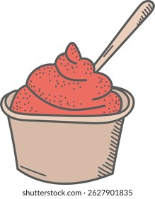 Uma xícara cheia de sorvete redemovido e uma colher em estilo desenhado à mão. A sobremesa é texturizada com pontos e linhas, criando uma aparência lúdica. Ilustração de vetor de desenhos animados.