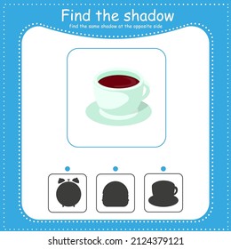 Cup. Find the correct shadow. Educational game for children. Cartoon vector illustration.