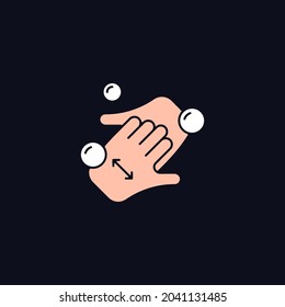 Cup Fingers RGB Color Icon For Dark Theme. Cleaning Hands, Nails With Soap. Handwashing Technique. Isolated Vector Illustration On Night Mode Background. Simple Filled Line Drawing On Black