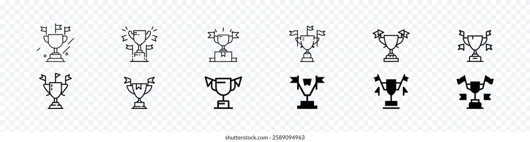 cup and flag icon, trophy cup with flags icon, Racing champion trophy line icon, Sport winner trophies. Racing award cup with checkered flag