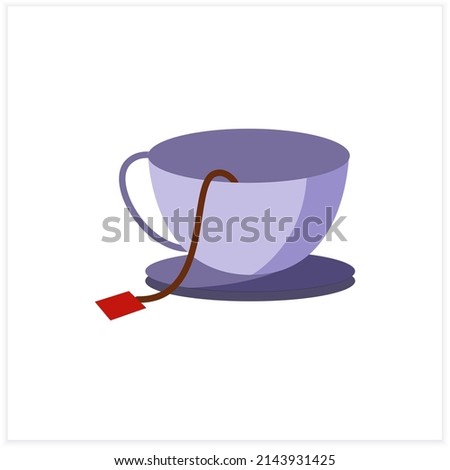  Cup flat icon. Tea party. Brewing tea bag in an empty cup. Tea and coffee preparation concept. Color vector illustration