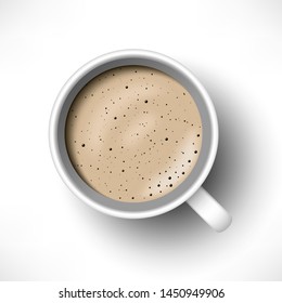 A cup of Flat White coffee top view. Realistic vector 3d model whipped coffee in white cup isolated on white background