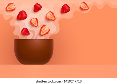 Cup with flavored berry tea inside, steam and strawberries are above teacup