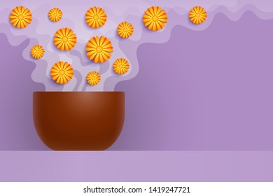 Cup with flavored herbal tea inside, steam and calendula flowers are above teacup, copy space on right