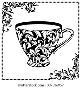 cup with a floral pattern in a vintage frame on a white background