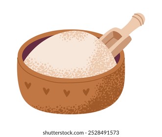 Cup with flour and spatula isolated on white background. Baking ingredient. Flat illustration.