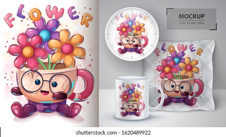 Cup with flower poster and merchandising. Vector eps 10