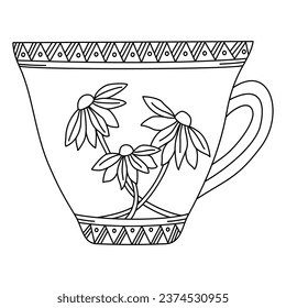 Cup with flowers. Graphic design of flowers. Camomile drawing. Daisy vector illustration on white background. Monochrome black and white design.