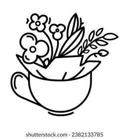 Copa con flores dentro del concepto de ícono del logo de Line.Ilustración vectorial de una taza de café o té con flores creciendo de ella.Diseño de línea simple para cafetería, idea de floristería