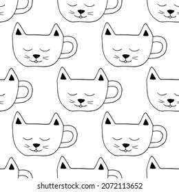 cup in the form of a cat face seamless pattern hand drawn doodle. vector, minimalism. wrapping paper, textiles, background hot drink, cocoa, coffee, tea, sticker, icon, menu print