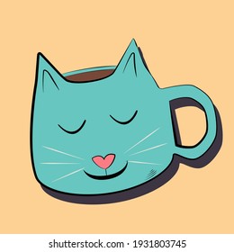 cup in the form of a cat hand drawing symbol icon outline flat illustration on light background. Vector