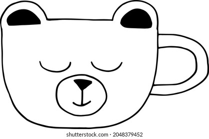 cup in the form of a face of a bear hand drawn doodle. vector, minimalism. hot drink, cocoa, coffee, tea, sticker, icon, menu, cute print