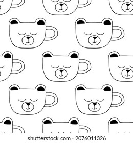 cup in the form of a face of a bear seamless pattern hand drawn doodle. vector, minimalism. wrapping paper, textiles, background. hot drink, cocoa, coffee, tea, sticker, icon, menu, cute print