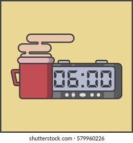 cup with fragrant drink and an alarm clock, the electronic clock, morning tea and coffee,vector image, flat design