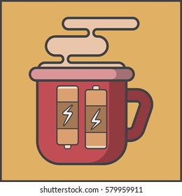 Cup with fragrant drink and batteries, energy drink, vector image, flat design, outline style