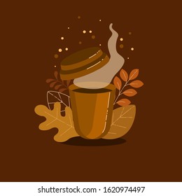 A cup of fragrant fresh coffee with a lid that you can take with you against the backdrop of autumn foliage in brown monochrome colors