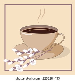 Una taza de café aromático fresco y una rama con flores sobre un fondo beige con un marco marrón cuadrado. Ilustración vectorial matutina.