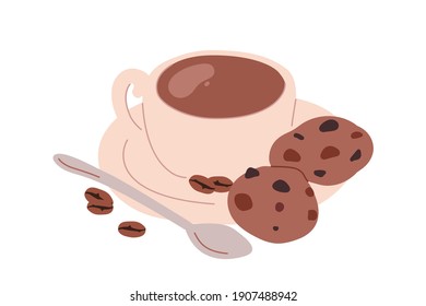 Cup of fresh brewed hot drink served with whole coffee beans, handmade chocolate cookies or biscuits. Tasty sweet breakfast or dessert. Flat vector illustration isolated on white background