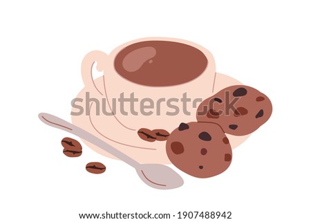 Cup of fresh brewed hot drink served with whole coffee beans, handmade chocolate cookies or biscuits. Tasty sweet breakfast or dessert. Flat vector illustration isolated on white background