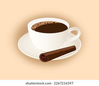 A cup of fresh coffee with a cinnamon stick. Vector illustration. Flat style. Decorative design for cafeteria, posters, banners, postcards