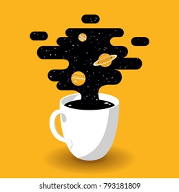 Cup of Fresh Coffee with Galaxy on Yellow Background. Vector Illustration. Flat Style. Decorative Design for Cafeteria, Posters, Banners, Cards