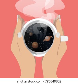 Cup of Fresh Coffee with Galaxy and Planets. Top view. Vector Illustration. Flat Style. Decorative Design for Cafeteria, Posters, Banners, Cards - Universe in a Cup of Coffee.
