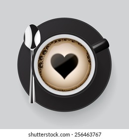 Cup of fresh coffee with heart symbol.
