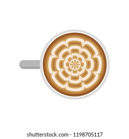 Cup of fresh coffee with latte art, top view. Cappuccino with milk foam in shape of flower. Hot morning beverage. Flat vector icon