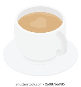 Cup of fresh coffee with latte art design for cafeteria, posters, banners, cards. Coffee mug isolated on white background. Vector illustration