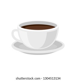 Cup of fresh coffee on saucer. Tasty morning beverage. Hot drink. Flat vector design for cafe menu